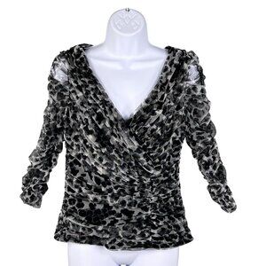 Tadashi Shoji Womens M Leopard Print Ruched Mesh Top V Neck 3/4 Sleeves Blouse